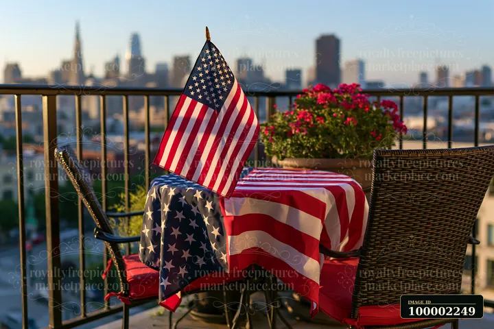 A balcony features a table set with an American flag table decoration.