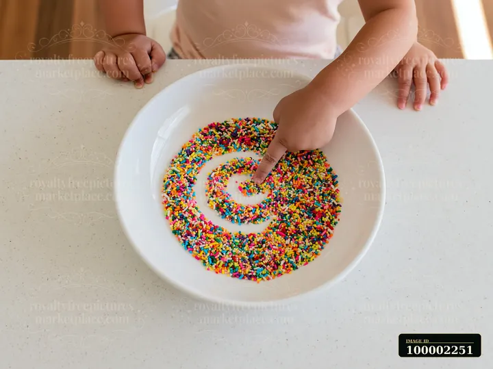 A child points to a pattern made with rainbow sprinkles arranged in a swirl on a plain white plate.