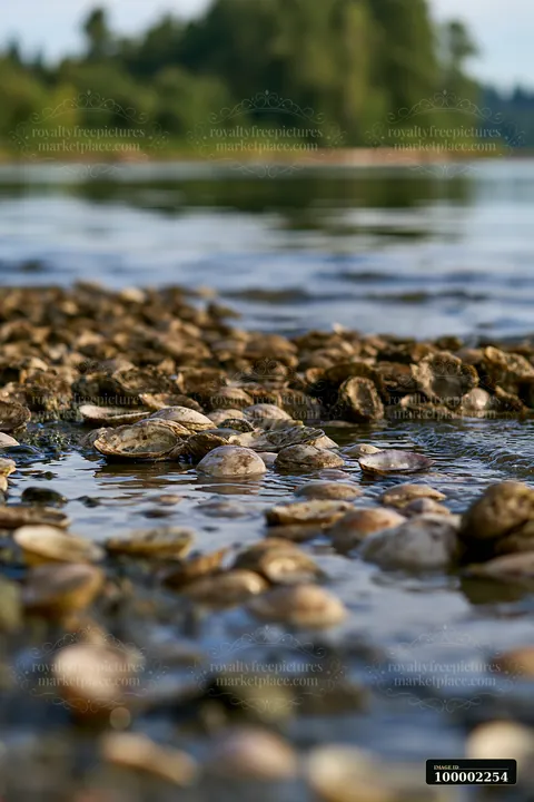 Oyster beds cover the shallow waters of a coastline, with gentle waves lapping against the shells.