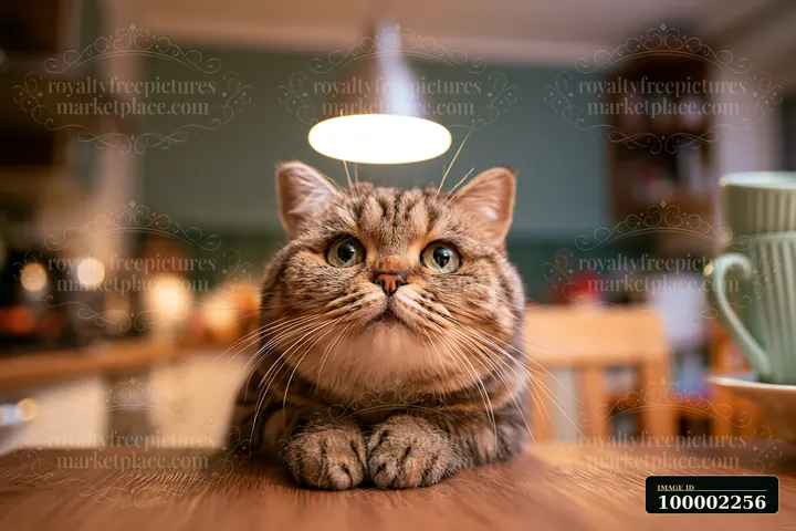 A Dwelf cat portrait shows a curious cat resting on a table in a kitchen.