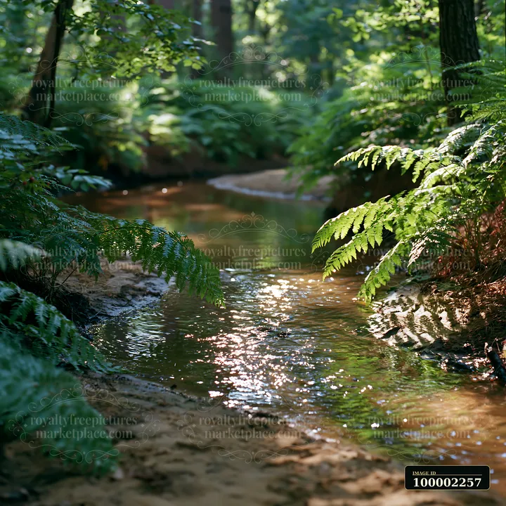A clear stream flows through a woodland area covered with ferns.
