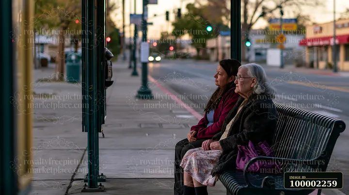 A senior woman with dementia sits quietly on a bench while listening to a caregiver at a bus stop.