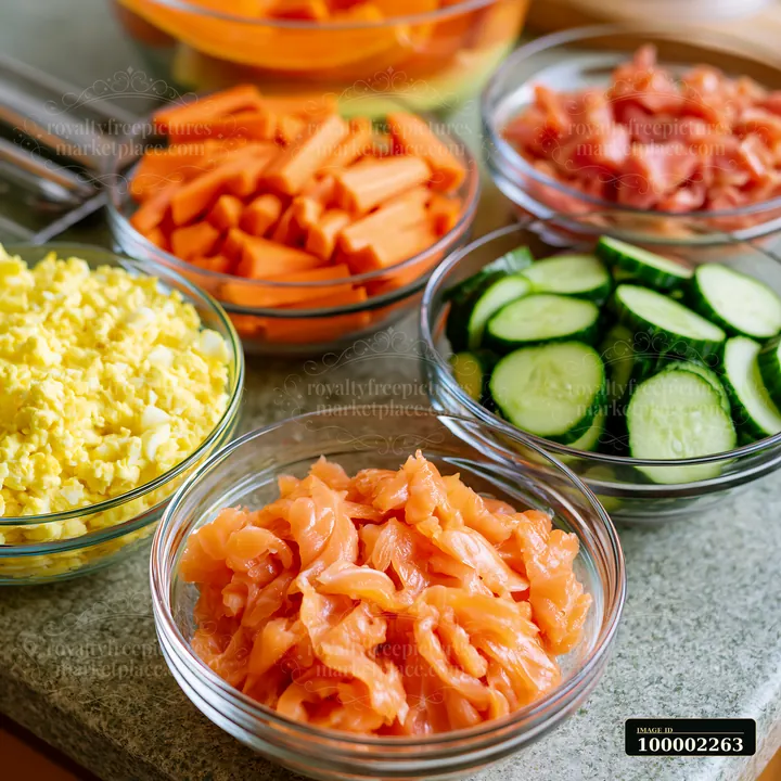 Chopped sushi ingredients are placed in clear bowls on a kitchen counter, ready for meal preparation.
