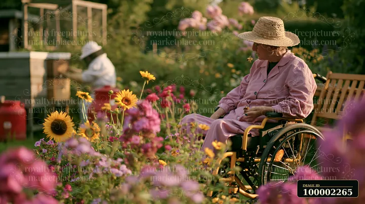 A person with muscular dystrophy using a wheelchair enjoys a colorful flower garden on a sunny day.