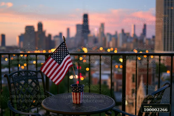 A small table with an American flag decoration and a cup sits on a balcony, with a vibrant city skyline in the background during sunset.