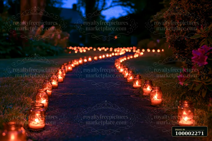 Candles light a winding path in a military memorial garden at night, creating a warm glow against the dark blue sky.
