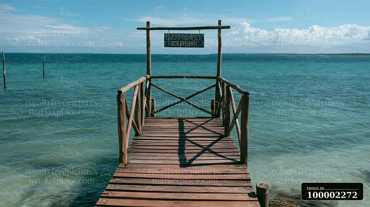 A wooden dock extends into the water with a sustainable tourism sign at the end.