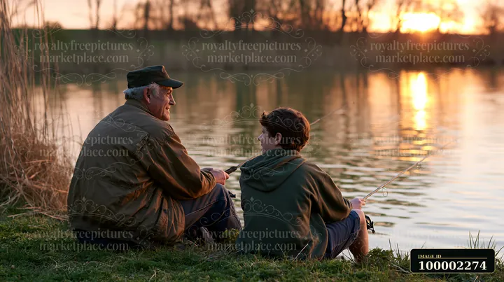 A retired soldier sits by a lake, sharing a fishing experience with a young boy during sunset.