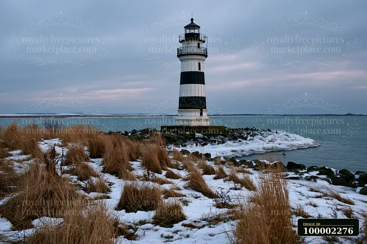 A lighthouse with black and white stripes stands on the shore, surrounded by snow and rocky terrain.