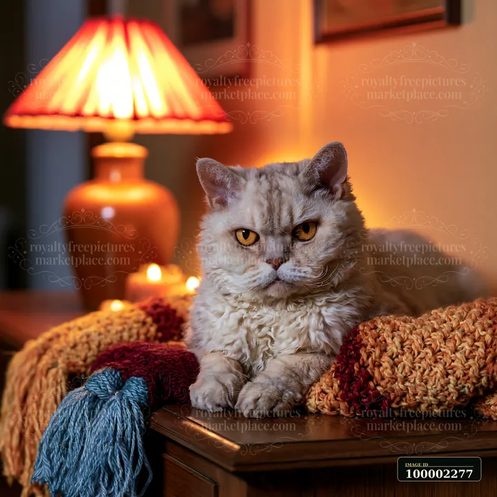 A Selkirk Rex cat sits on a colorful blanket, resting with a calm expression.