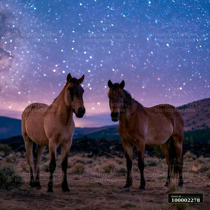 Two wild horses stand near volcanic rocks under a starry night sky.