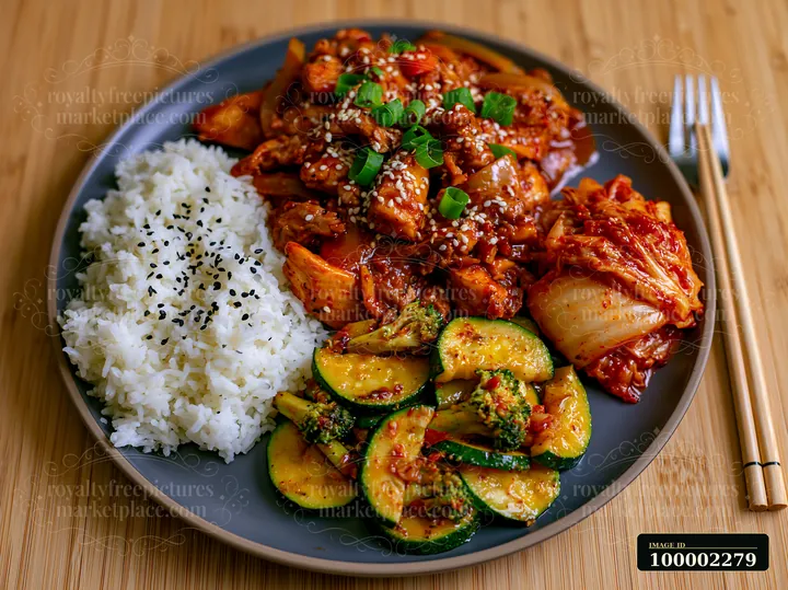 A breakfast plate with Korean breakfast features rice, spicy chicken, kimchi, and sautéed vegetables.