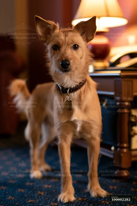 A rare dog breed stands in a pet-friendly hotel room with warm lighting and comfortable furnishings.