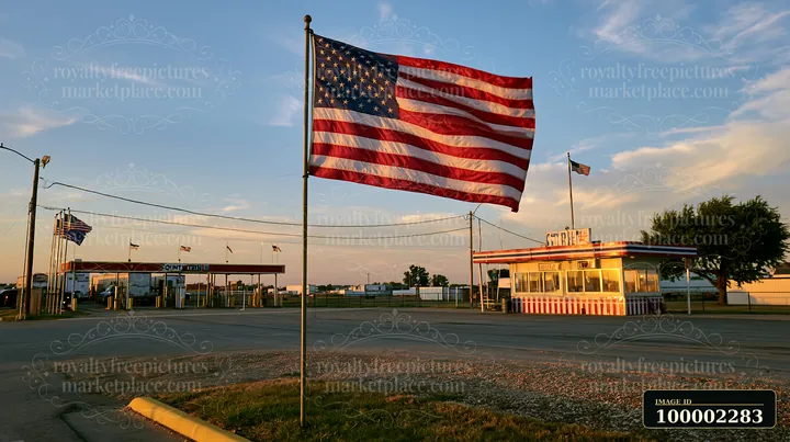 The American flag flying in strong wind stands beside a roadside stand during sunset.