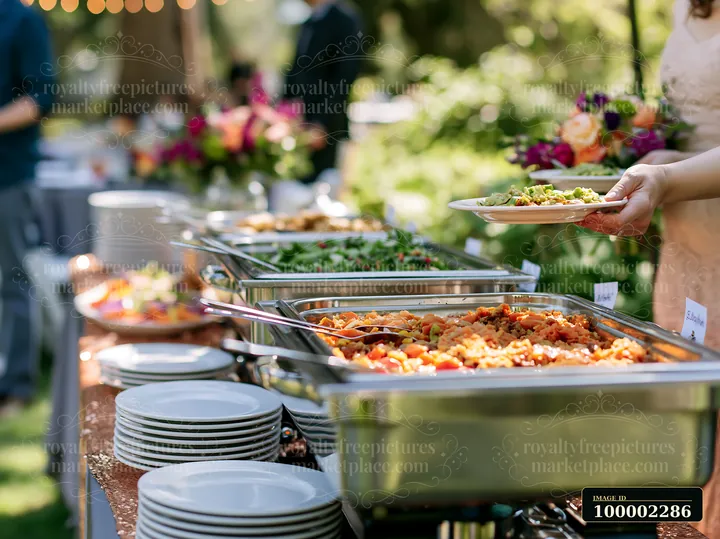 A person serves food from a buffet station in a garden during a gathering.