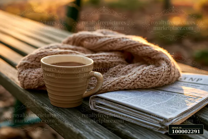 A cup of coffee sits next to a newspaper on a wooden table covered with a knitted blanket, surrounded by autumn leaves in a park during the day.