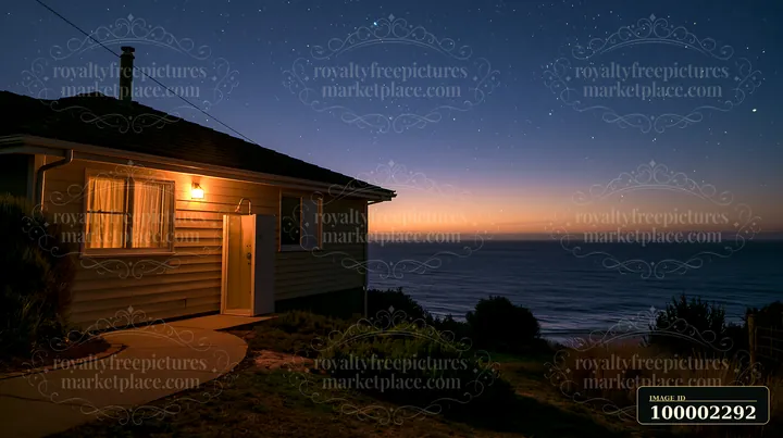 A house sits at the edge of the ocean with a view of the horizon and a sky full of stars.