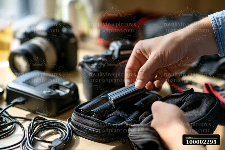 A person is organizing camera and travel accessories on a packing table.