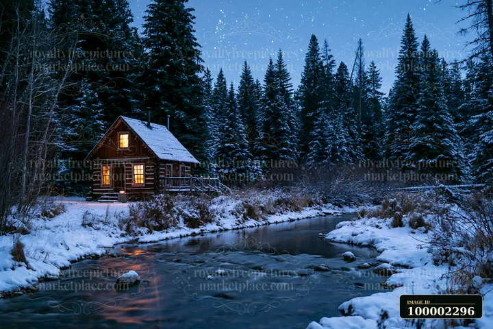 A wooden cabin sits beside a flowing stream in a snowy forest.