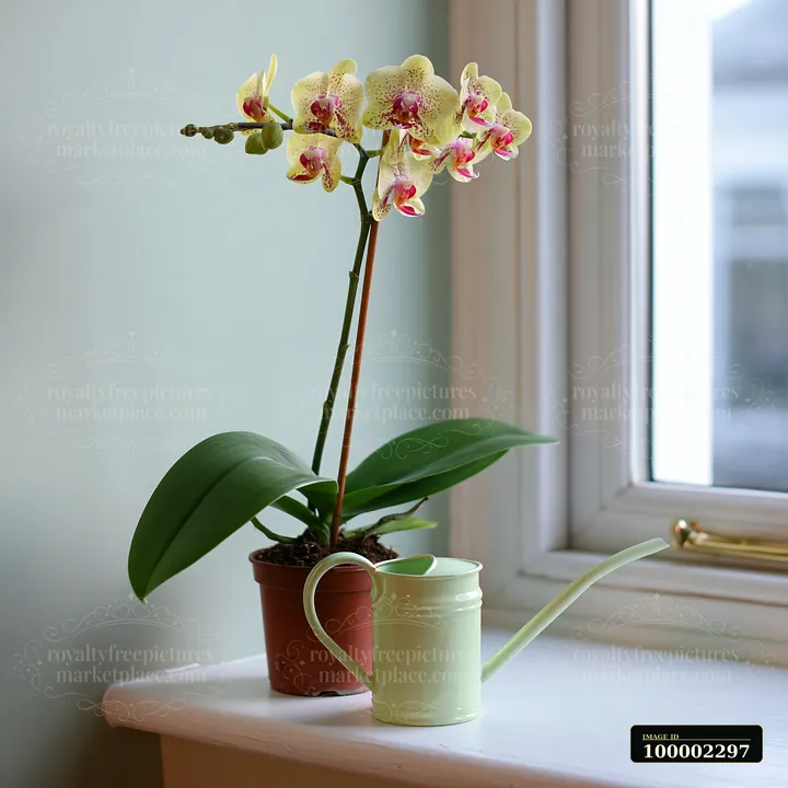 An orchid flower on windowsill sits next to a green watering can.