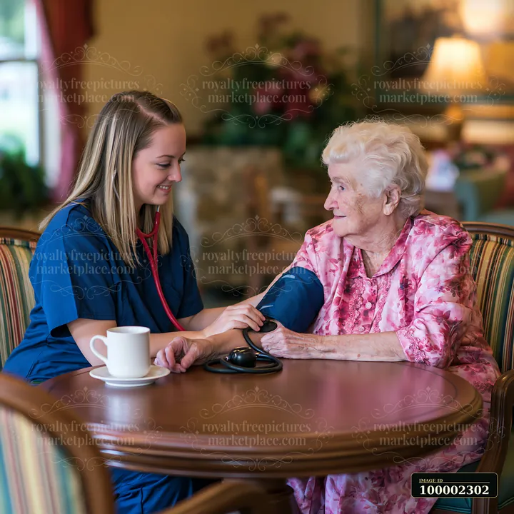 A nurse checking blood pressure of elderly dementia patient at a table in a lounge.