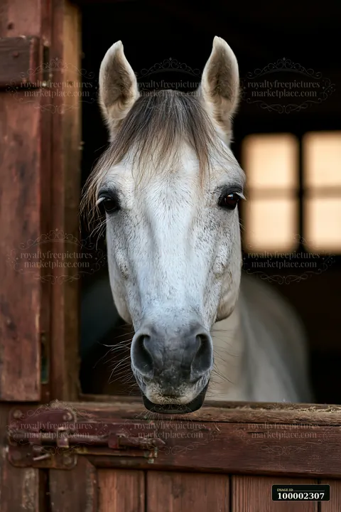 A horse looking through stable door has a curious expression while standing against a wooden background.