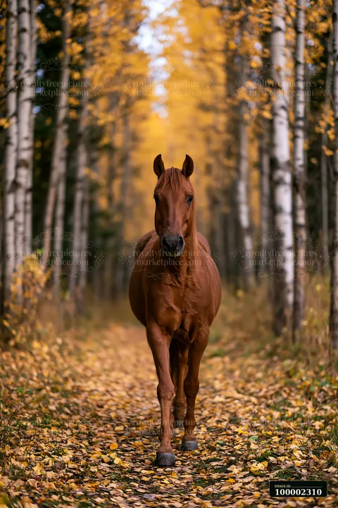 A wild horse moves along a forest trail lined with yellow-leaved trees.