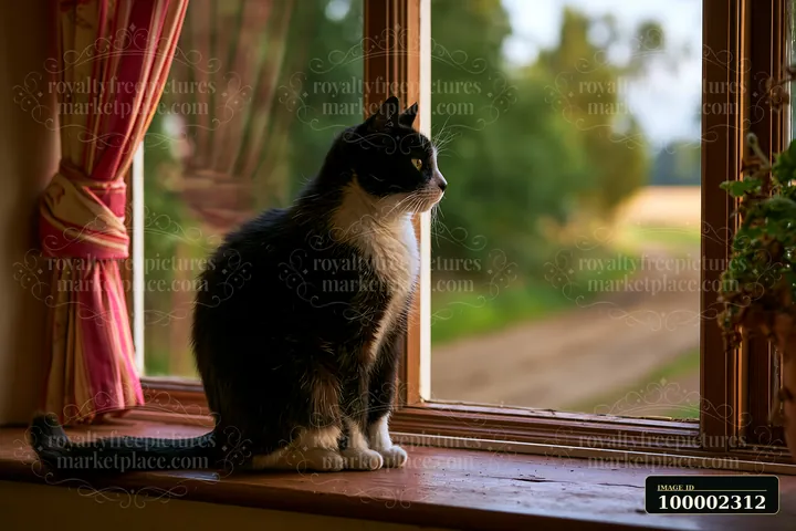 A cat sitting on the windowsill of a country house looks out at a dirt road and fields.