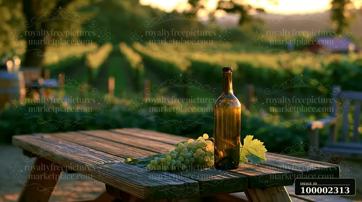 An empty bottle sits on a wooden picnic table surrounded by green grapevines in a vineyard.