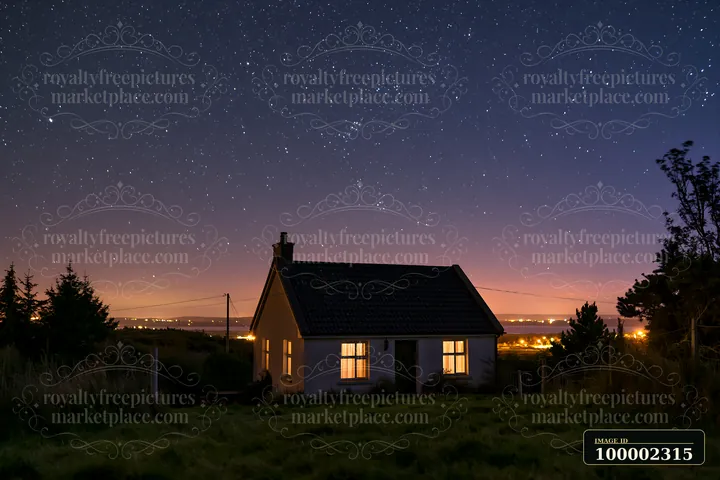 A house sits quietly under a starry sky with warm lights shining from the windows.