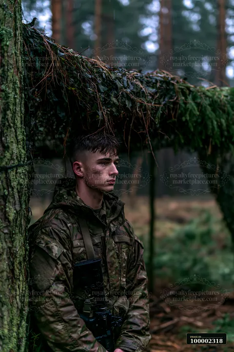 A soldier under camouflage netting stands against a tree in a forest during a rainy day.