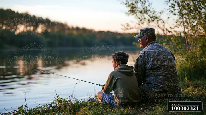 A retired soldier shares a fishing experience with his grandson by the tranquil lake at sunset.