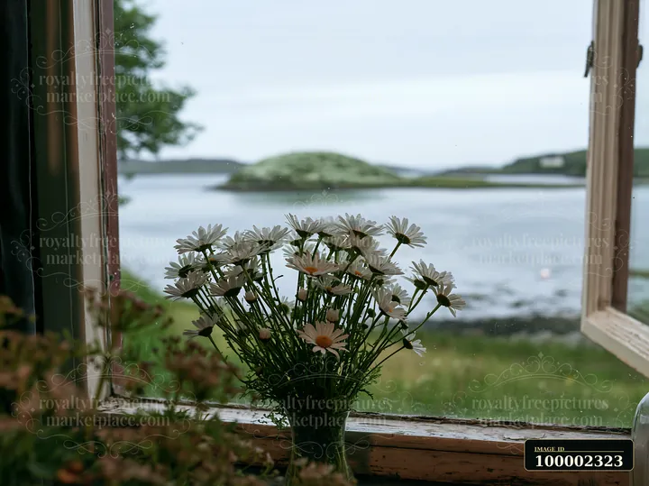 A vase of white flowers sits on a windowsill, framing a view of an island with flowers in a calm bay.