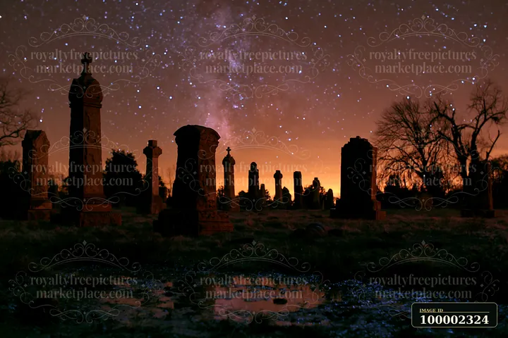 Headstones silhouetted against a starry sky capture a graveyard scene at night.