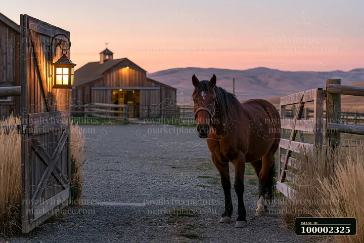 A brown horse stands near a stable with a lantern glowing softly as dusk falls.