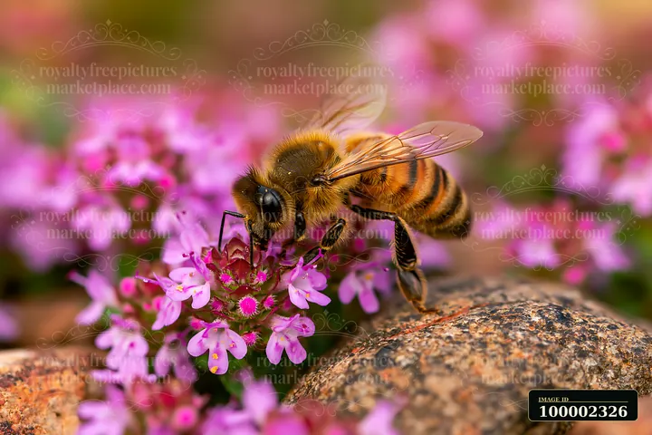 A bee collects nectar from vibrant thyme flowers growing amid stones.