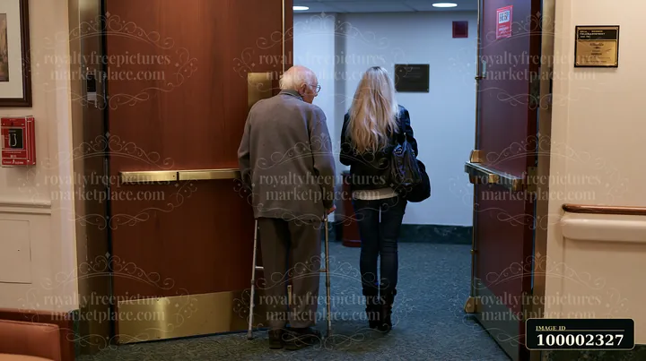 A senior with dementia walks into a medical appointment with a caregiver in a healthcare setting.