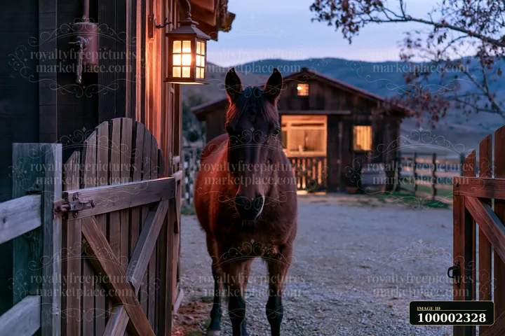 A horse stands near a lantern-lit stable as dusk settles in a rural area.