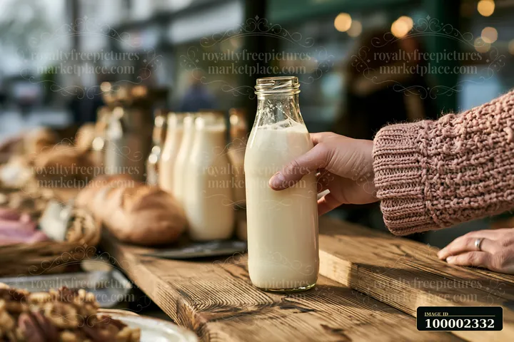 A hand reaches for a glass bottle of artisan milk on a wooden table at a busy street market stall filled with fresh products, breads, and other items.