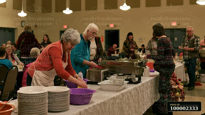 Volunteers serve food and prepare plates at a charity event buffet in a community hall.