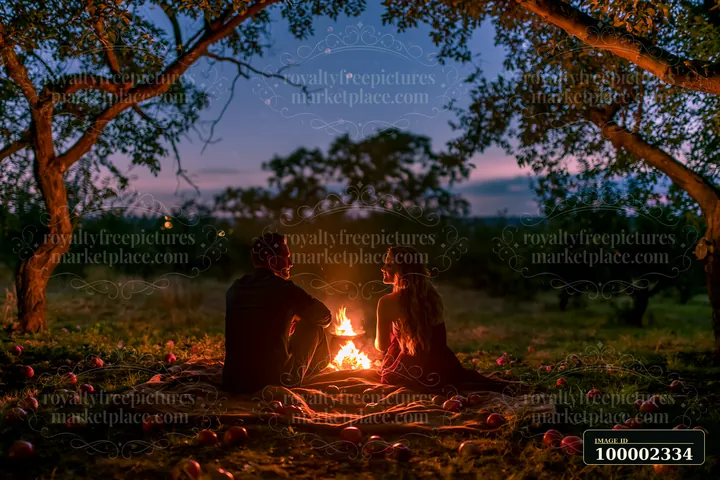 A couple sitting beside a fire under the night sky enjoys each other's company while sitting on a blanket surrounded by trees and scattered apples.
