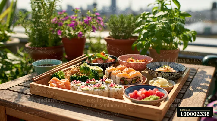 A wooden tray holds various sushi dishes, vegetables, and sides, set on a table surrounded by flower pots.