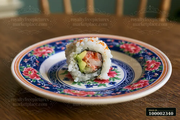 One California roll piece on plate sits on a floral patterned dish.