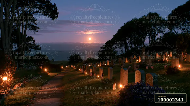 Small US flags mark veteran graves at night in a cemetery, illuminated softly by lanterns.