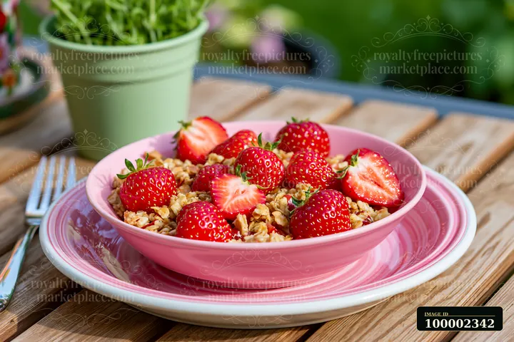 A colorful breakfast plate with muesli topped with fresh strawberries sits on a wooden table.
