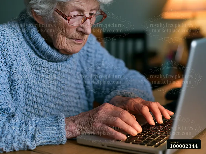 A senior woman sits at a wooden table in her cozy home, trying to type on a laptop with shaky hands.