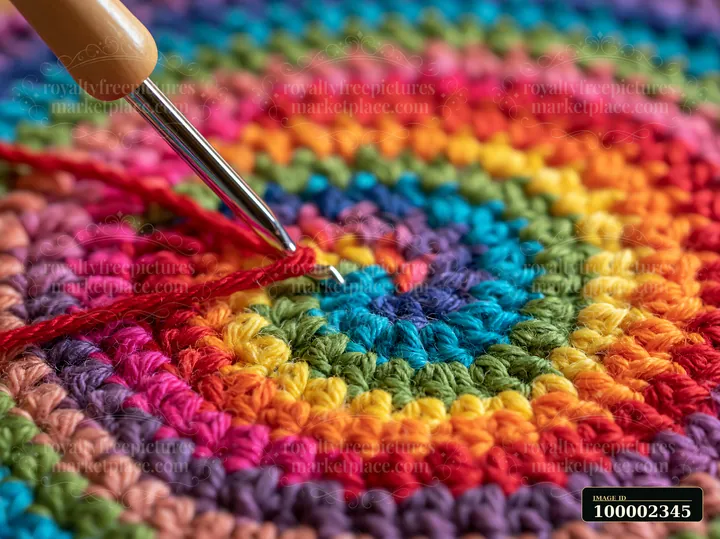A crochet hook pulls rainbow thread wound in spiral through colorful yarn on a crafting surface.