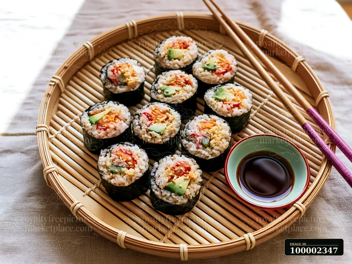 Sushi rolls served on bamboo tray display various fillings beside a small dish of soy sauce and chopsticks.