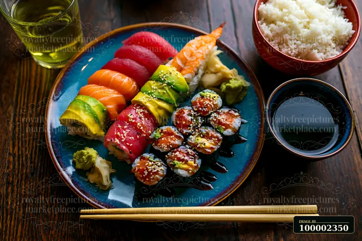 A colorful sushi platter includes various sushi rolls, sashimi, and a bowl of rice.