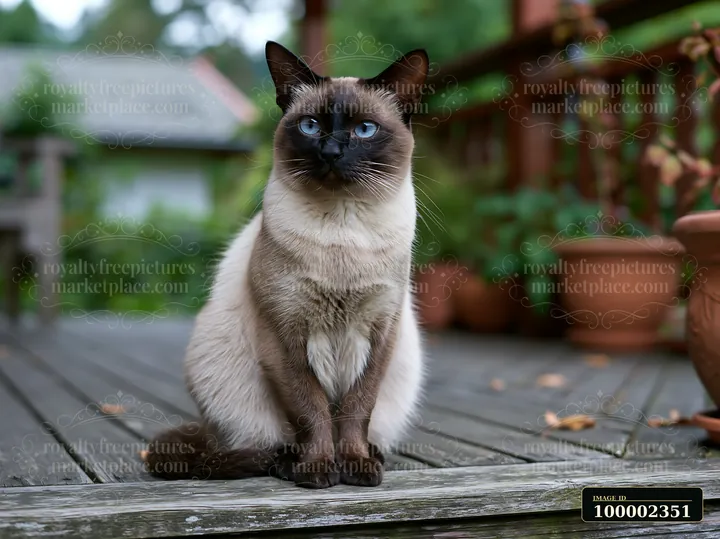 A Tonkinese cat sits on a wooden deck surrounded by greenery.